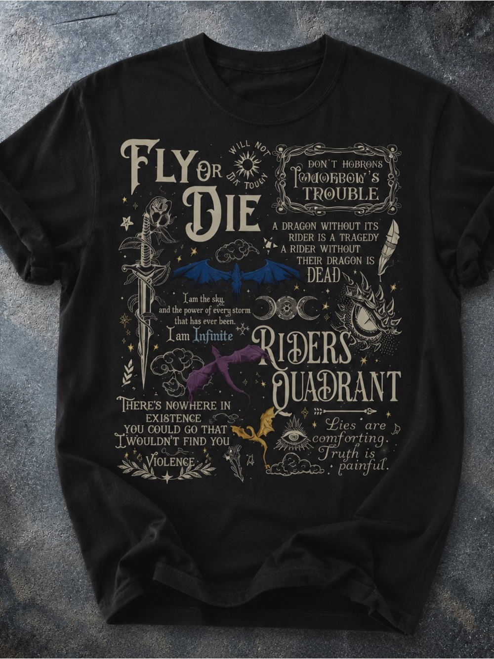 Fourth Wing Shirt, Fantasy Dragon Riders Quadrant Graphic T‑Shirt - Black